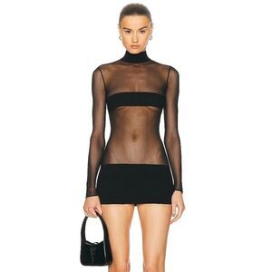 MONOT Contrasting Bands Mini Dress in Black FWRD sheer mesh long sleeve